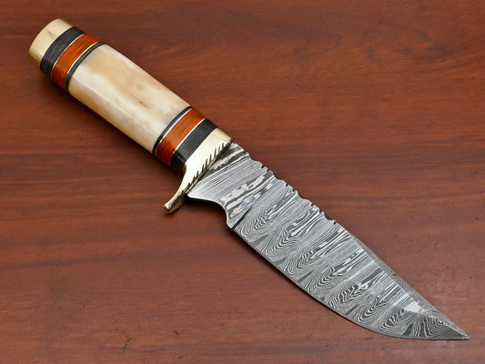 11.5 Inch Damascus Steel Hunting Knife with Camel Bone and Pakka Wood Handle
