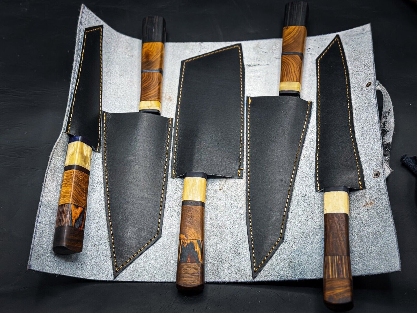 Custom Handmade Damascus Steel Chef Knife Set with Leather Sheath – Hunting and Kitchen Collection