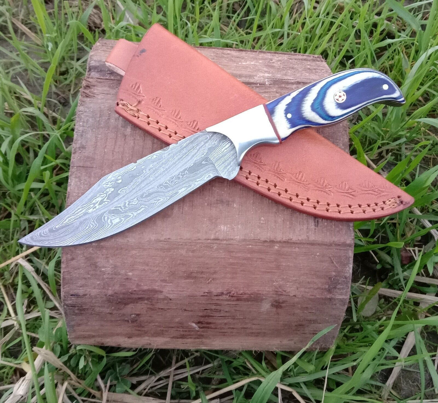 9 Inch Handmade Damascus Bowie Knife with Blue Pakka Wood Handle and Leather Sheath