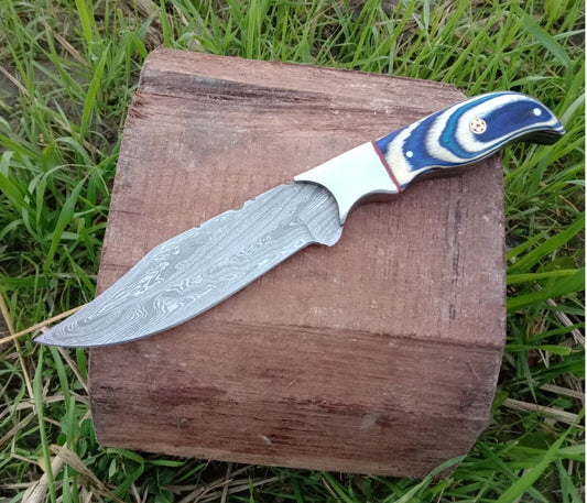 9 Inch Handmade Damascus Bowie Knife with Blue Pakka Wood Handle and Leather Sheath