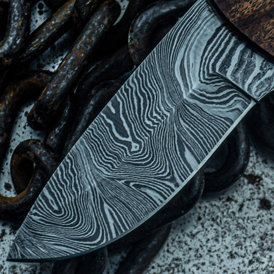 8.5" Handmade Damascus Tactical Bowie Knife – Wood Handle & Leather Sheath