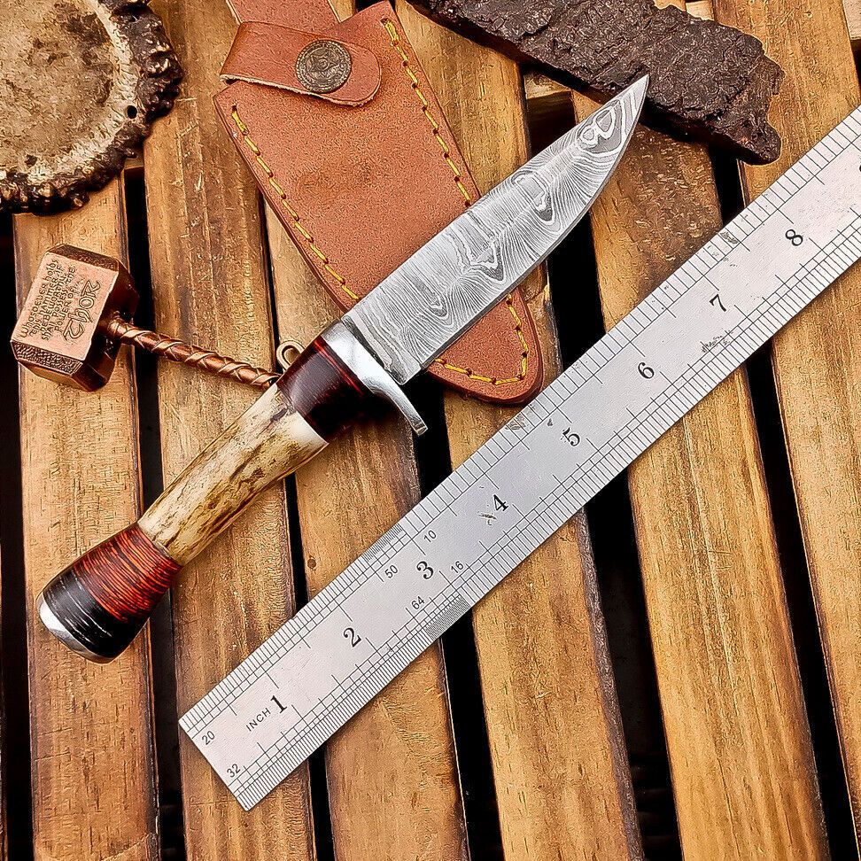 8 Inch Handmade Damascus Steel Bowie Knife with Stag Horn Handle and Steel Bolster