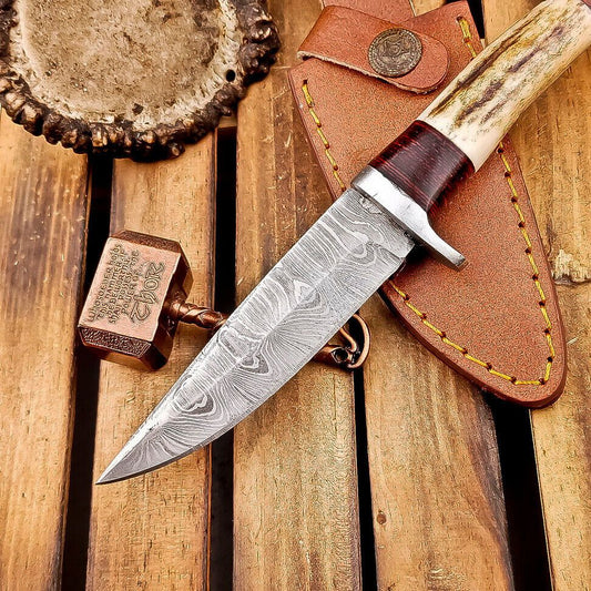 8 Inch Handmade Damascus Steel Bowie Knife with Stag Horn Handle and Steel Bolster