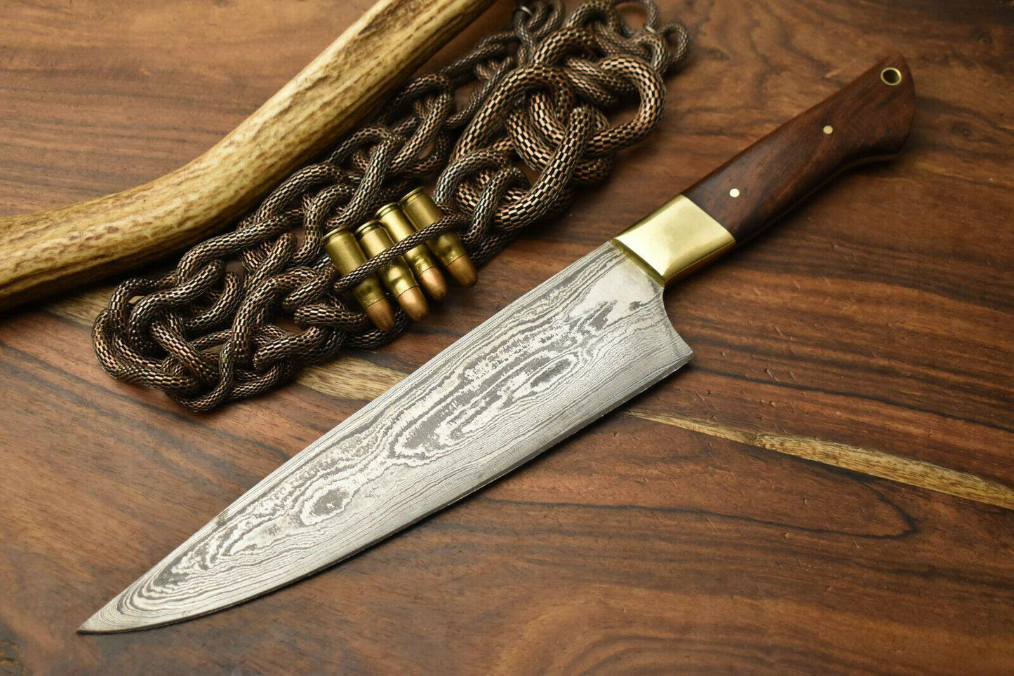 Hand Made Damascus Steel Blade Chef Kitchen Full Tang Knife | Walnut Wood