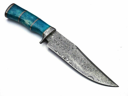 Handmade 12.5" Damascus Steel Hunting Bowie Knife – Colored Camel Bone Handle
