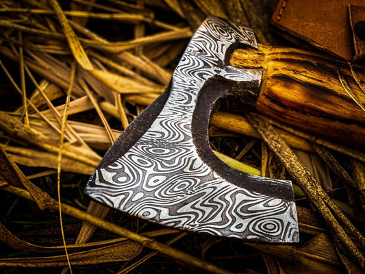 Custom Handmade Carbon Steel Hunting Axe with Ash Wood Handle and Leather Sheath