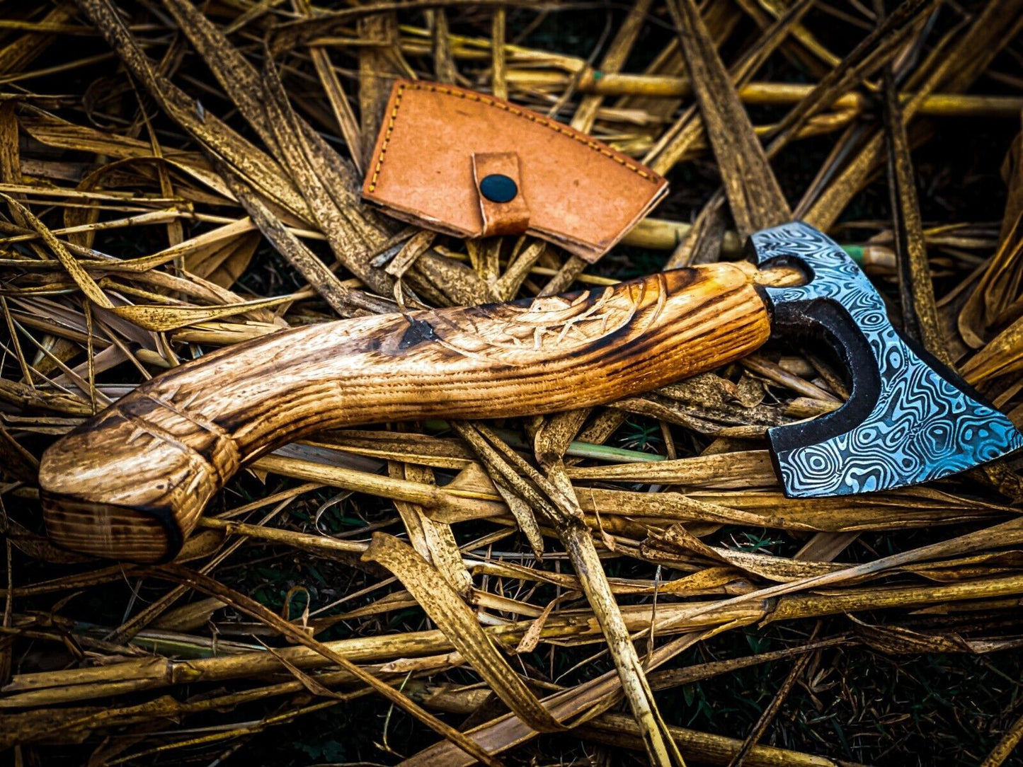 Custom Handmade Carbon Steel Hunting Axe with Ash Wood Handle and Leather Sheath