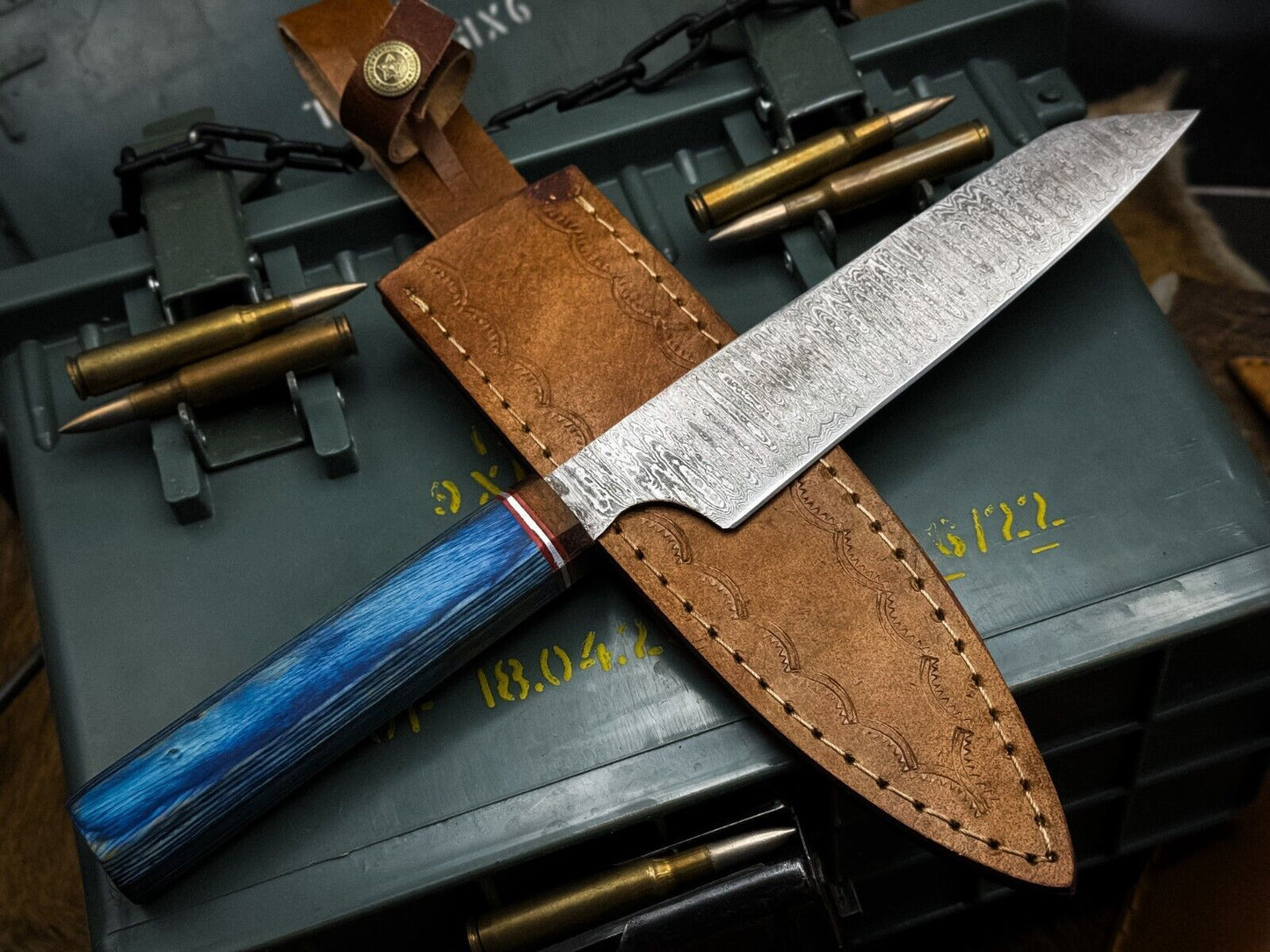 Handmade Damascus Steel Chef Knife – Kitchen Cutting Knife with Wood Handle & Leather Sheath