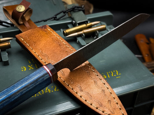 Handmade Damascus Steel Chef Knife – Kitchen Cutting Knife with Wood Handle & Leather Sheath