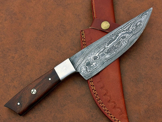 Custom Handmade Damascus Steel Chef BBQ Special Knife – 6" Blade with Natural Wood Handle and Leather Sheath