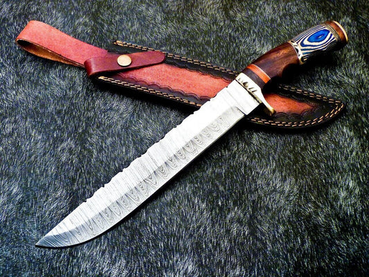 15 Inch Damascus Steel Bowie Knife with Hardwood Handle for Hunting and Camping