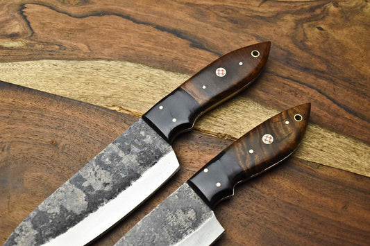 Lot Of 2 Handmade Hammered Damascus Steel Blade Chef Set Knife
