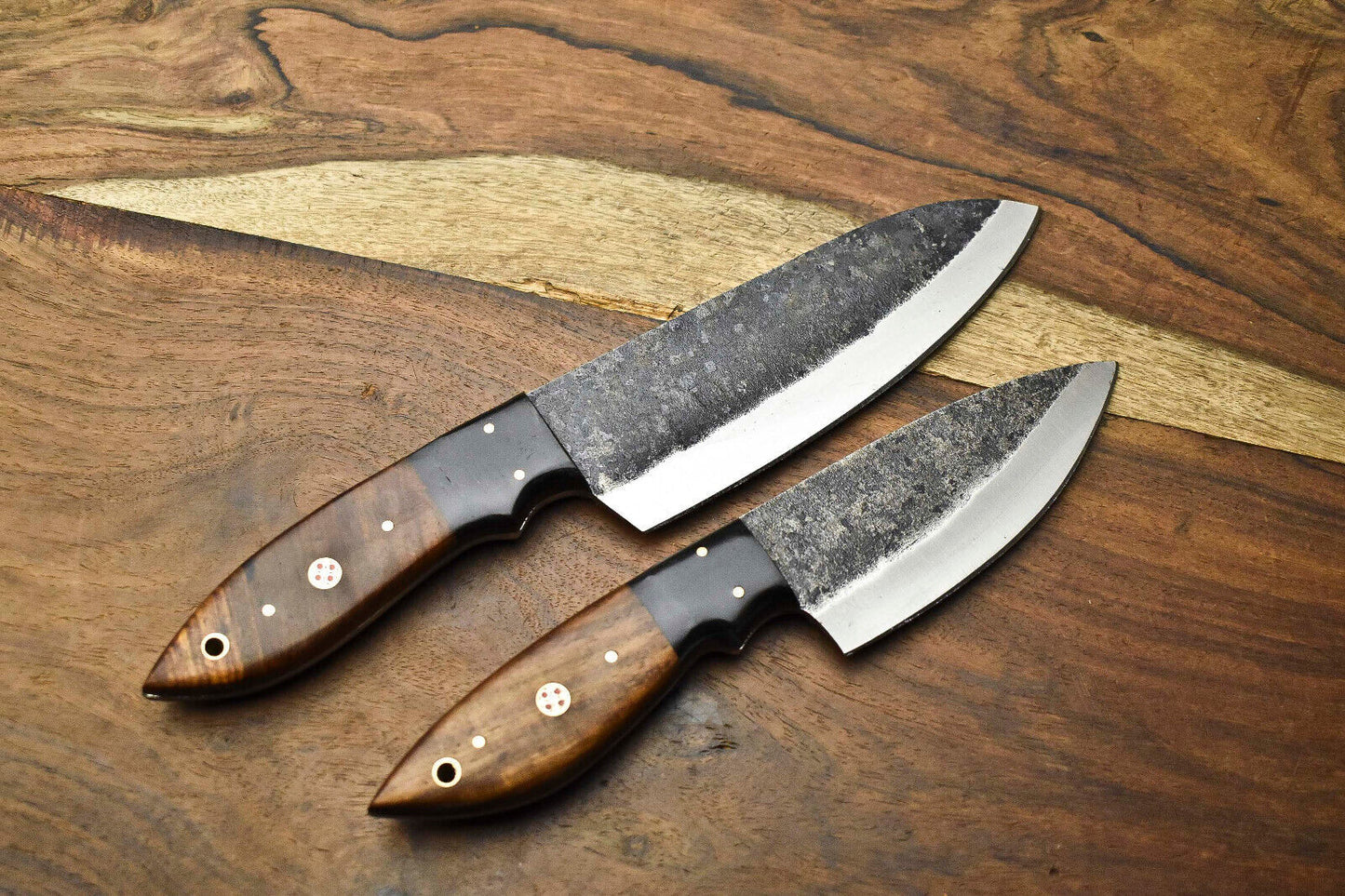 Lot Of 2 Handmade Hammered Damascus Steel Blade Chef Set Knife