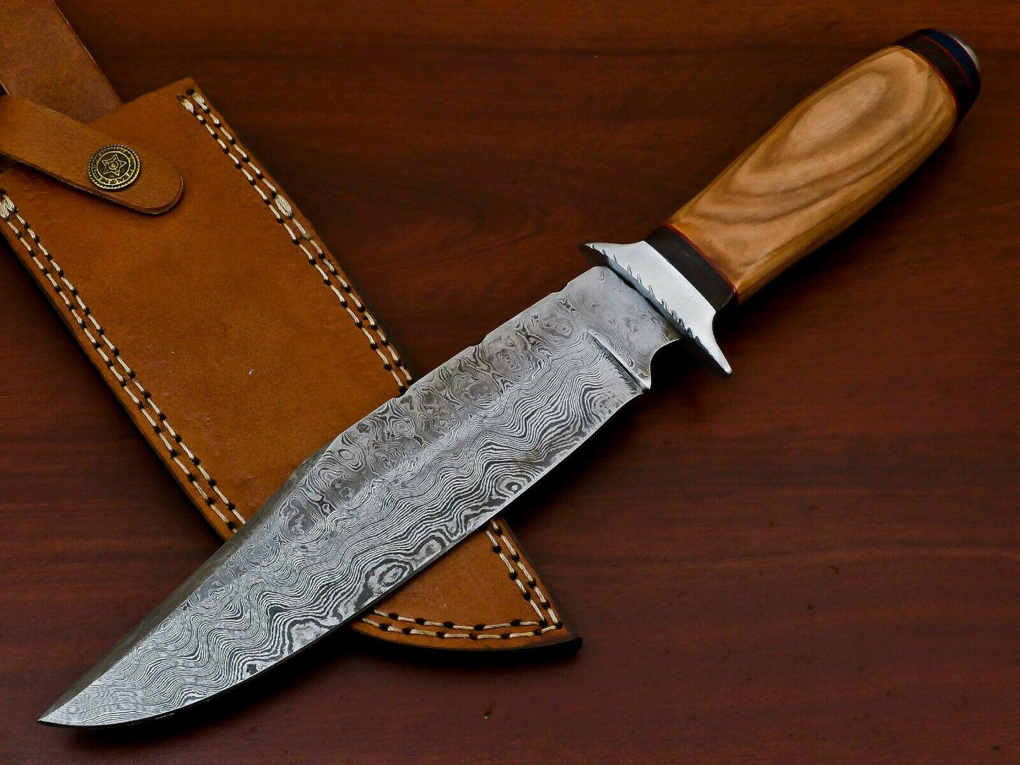 Damascus Bowie Knife – Olive & Pakka Wood Handle, 12" Hunting Knife with Leather Sheath