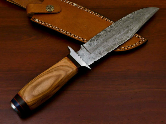 Damascus Bowie Knife – Olive & Pakka Wood Handle, 12" Hunting Knife with Leather Sheath