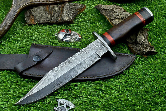 Heritage Forge Damascus Steel Hunting Knife with Wood Handle | 12 Inch Handmade Bowie Knife