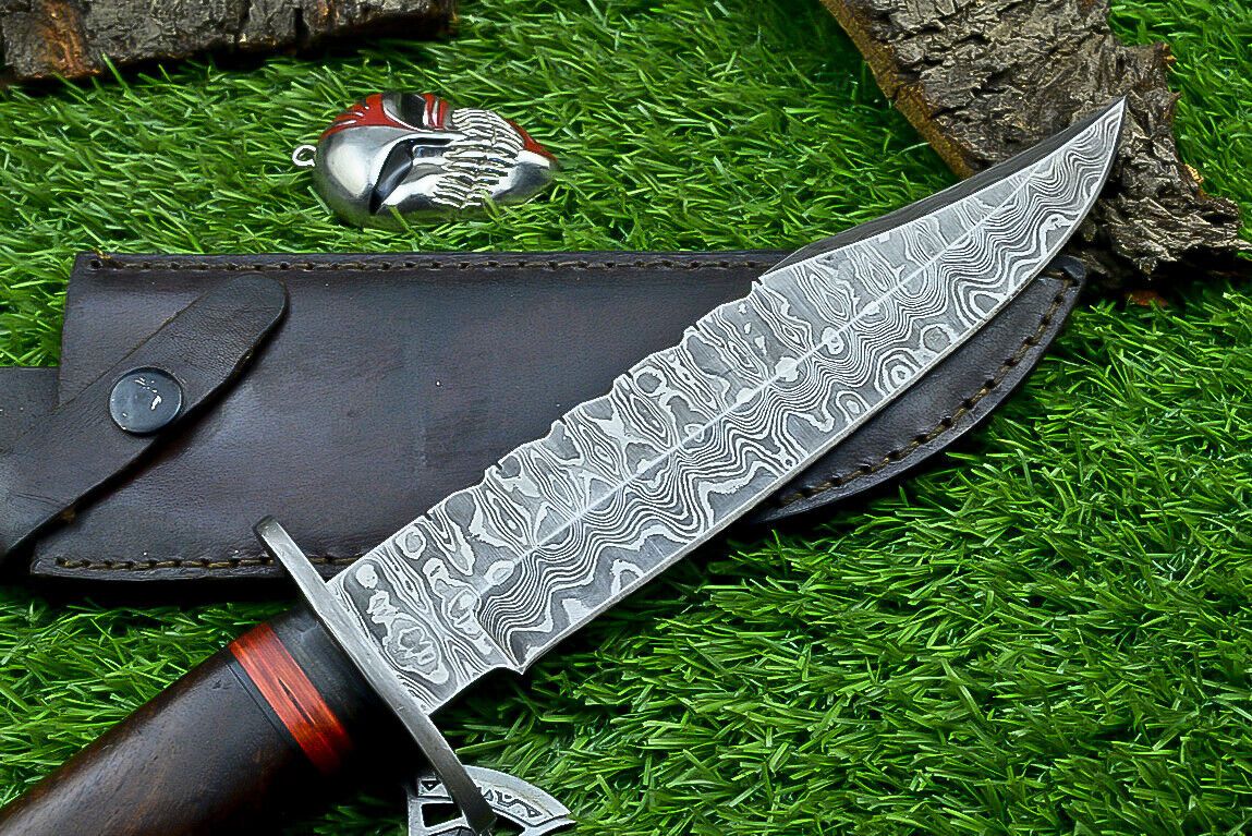 Heritage Forge Damascus Steel Hunting Knife with Wood Handle | 12 Inch Handmade Bowie Knife