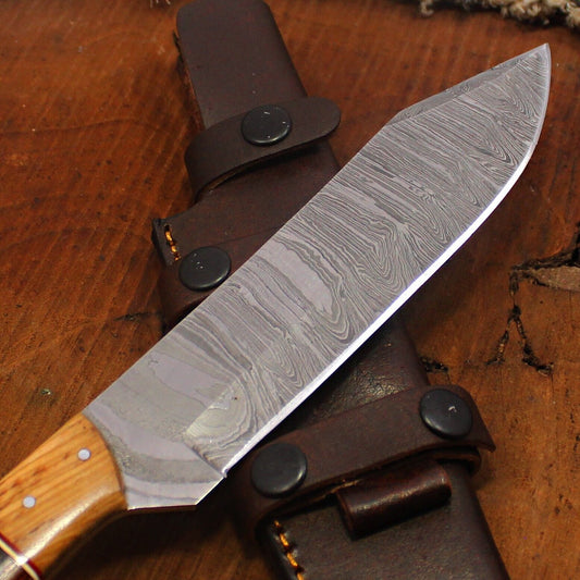 12" Custom Twist Damascus Steel Bowie Knife – Bone Handle with Leather Sheath