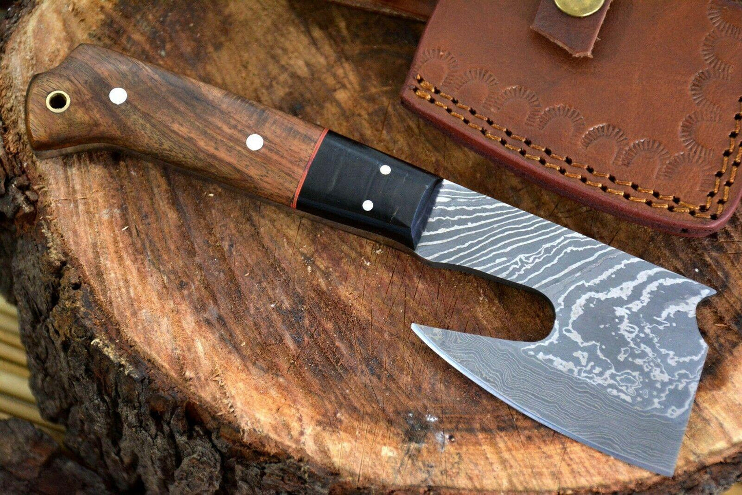 Custom Damascus Steel Axe Hunting Knife Handmade Walnut & Horn Handle with Leather Sheath