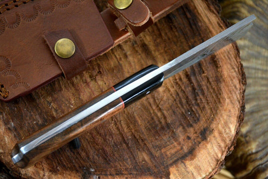 Custom Damascus Steel Axe Hunting Knife Handmade Walnut & Horn Handle with Leather Sheath