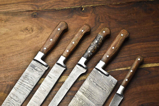 Custom Set of 5 Handmade Hammered Damascus Steel Chef Knives – Premium Layered Blades