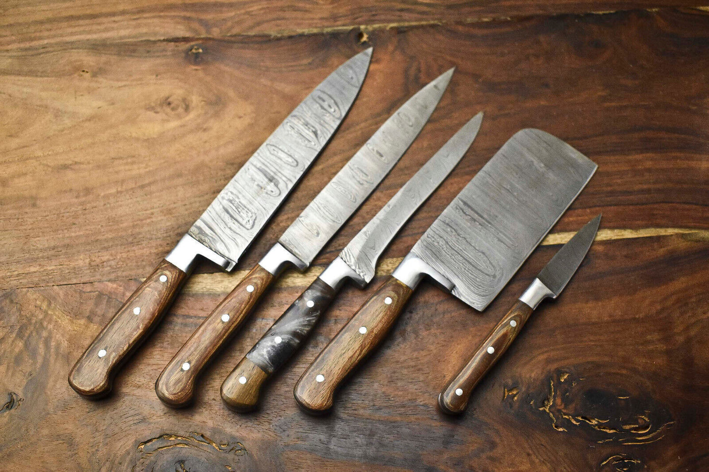 Custom Set of 5 Handmade Hammered Damascus Steel Chef Knives – Premium Layered Blades