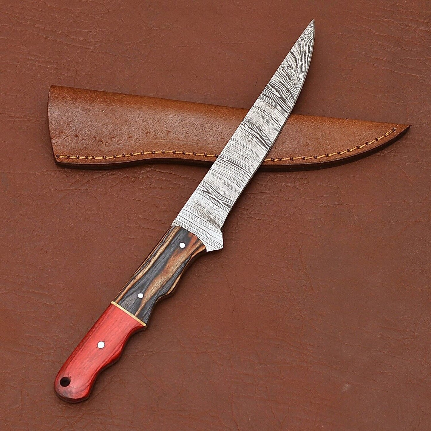 Custom Handmade Damascus Steel Fillet Knife – Kitchen Chef Knife with Wood Handle & Leather Sheath