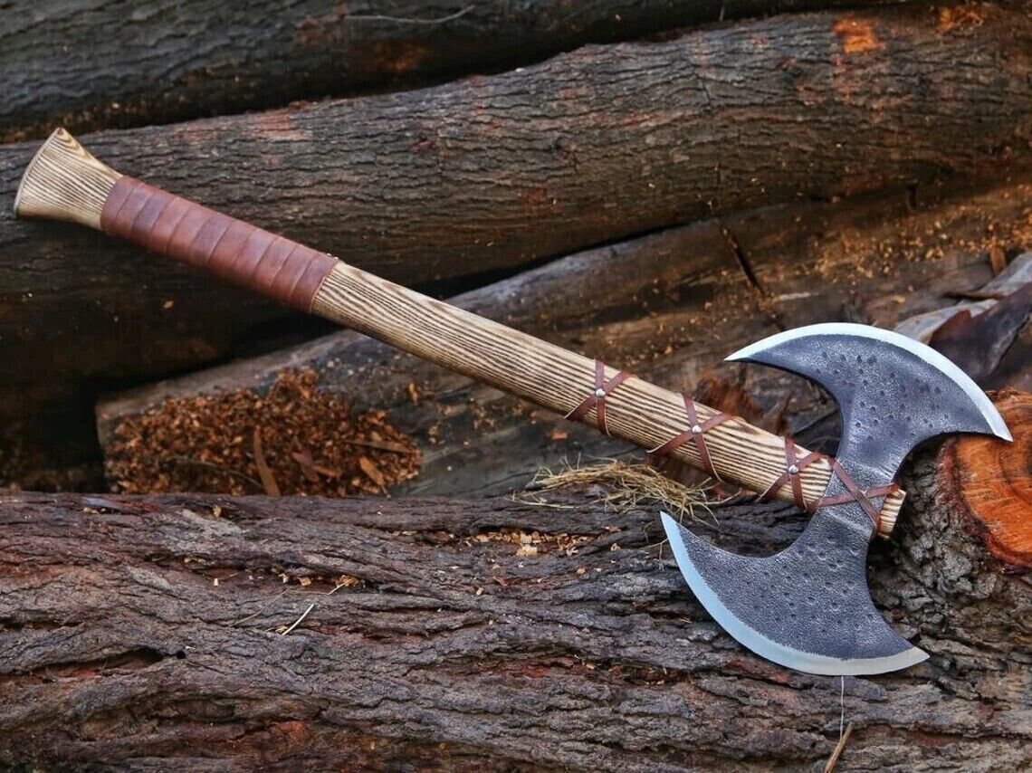 Double Headed Viking Battle Axe Hand Forged Carbon Steel with Ash Wood Handle and Leather Sheath