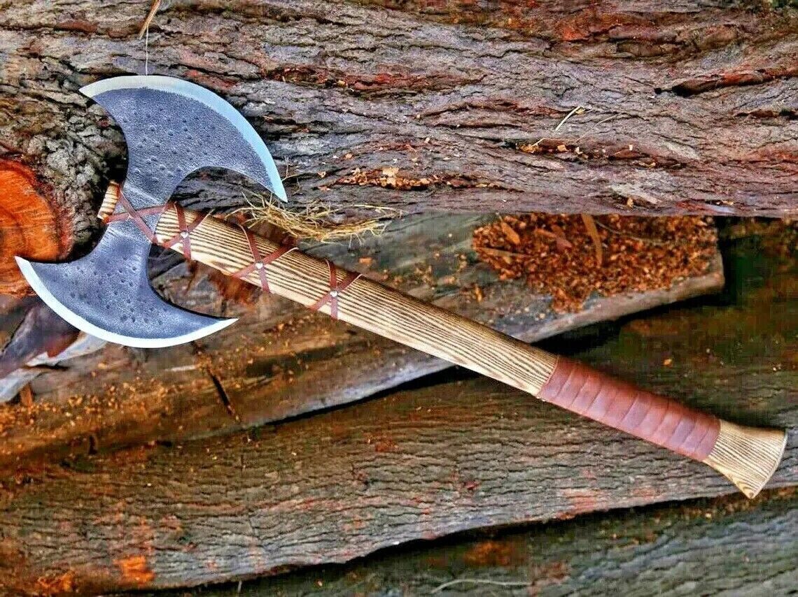 Double Headed Viking Battle Axe Hand Forged Carbon Steel with Ash Wood Handle and Leather Sheath