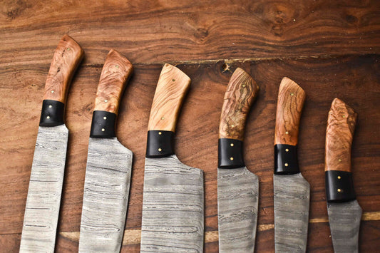 Custom Lot of 6 Handmade Hammered Damascus Steel Blade Chef Knife Set – Professional Forged Kitchen Knives