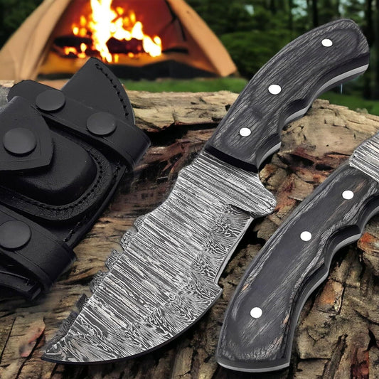 Handmade 10" Damascus Steel Tracker Knife – Wood Handle Hunting, Camping & Survival Knife with Sheath