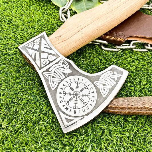 Handmade Carbon Steel Etched Norse Viking Tomahawk Axe with Ashwood Handle – EDC Hatchet