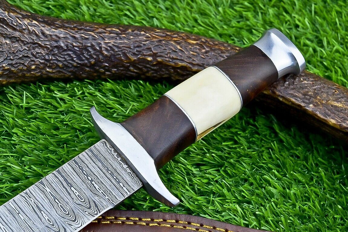 Heritage Forge 12 Inch Camel Bone and Wood Damascus Bowie Knife for Hunting and Camping