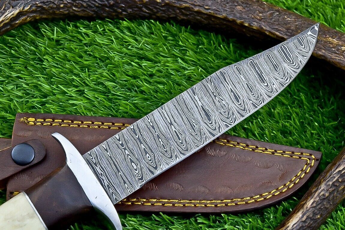 Heritage Forge 12 Inch Camel Bone and Wood Damascus Bowie Knife for Hunting and Camping