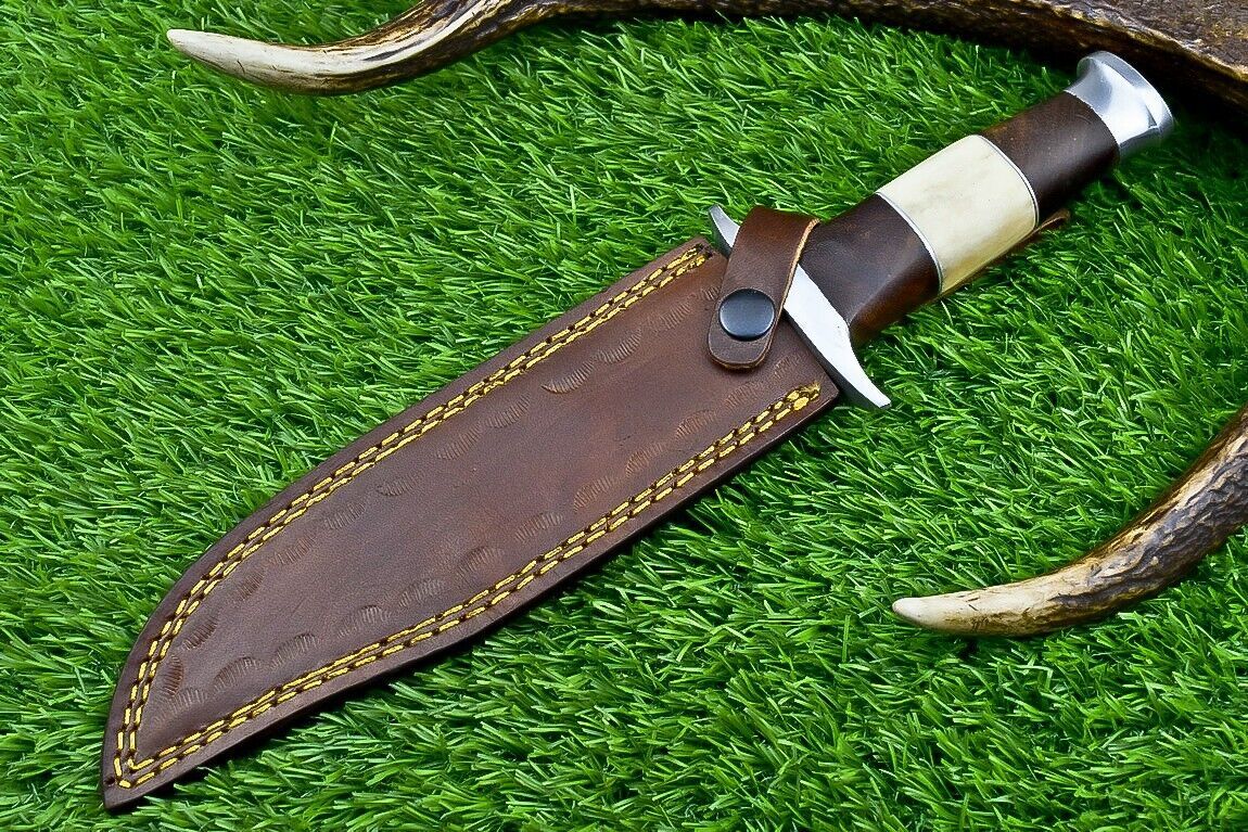 Heritage Forge 12 Inch Camel Bone and Wood Damascus Bowie Knife for Hunting and Camping
