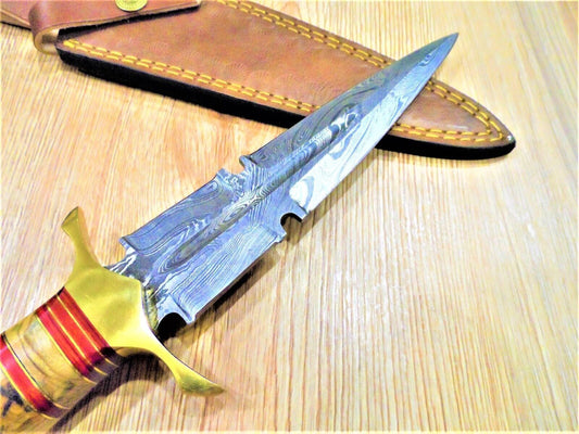 11 Inch Custom Damascus Steel Double Edge Bowie Dagger with Olive Wood Handle
