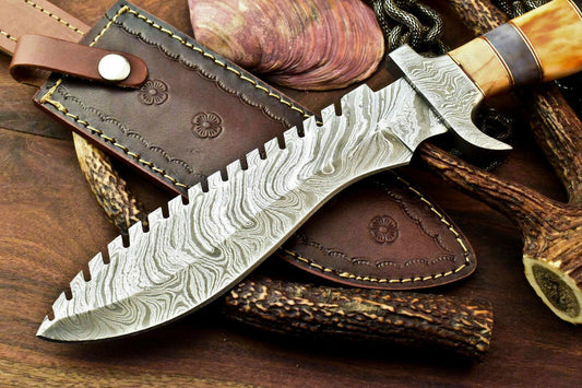 13” Handmade Damascus Bowie Knife with Camel Bone Handle