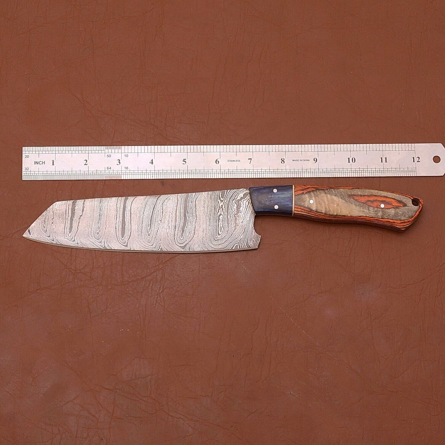 Custom Handmade Damascus Steel Chef Fillet Knife | 12" Wood Handle with Leather Sheath