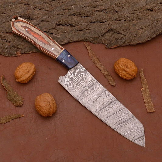 Custom Handmade Damascus Steel Chef Fillet Knife | 12" Wood Handle with Leather Sheath