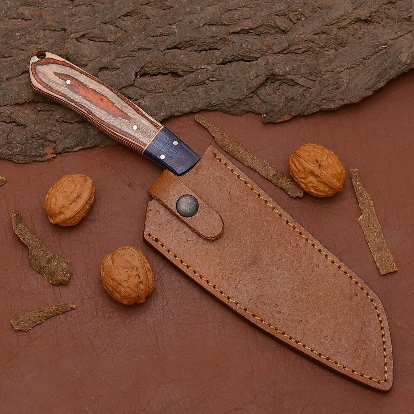 Custom Handmade Damascus Steel Chef Fillet Knife | 12" Wood Handle with Leather Sheath