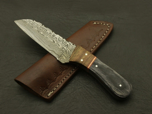 Custom Hand Forged Twist Damascus Skinner Knife Pakka Wood Handle with Leather Sheath