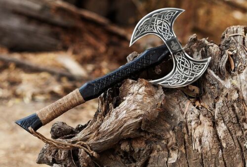 Double Head Handmade Viking Axe Engraved Carbon Steel with Black Ash Wood Handle 25 Inch