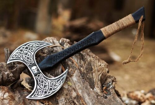 Double Head Handmade Viking Axe Engraved Carbon Steel with Black Ash Wood Handle 25 Inch