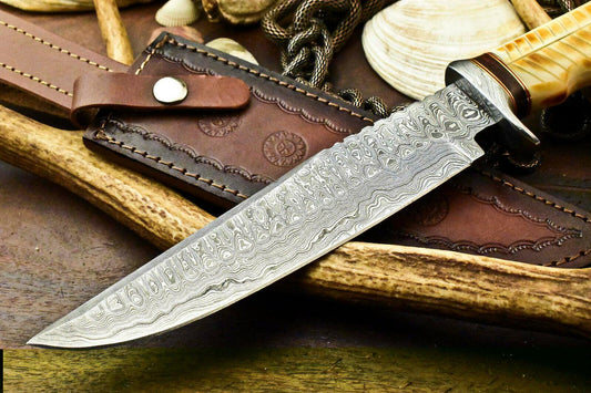 12" Damascus Hunter Bowie Knife | Camel Bone Masterpiece