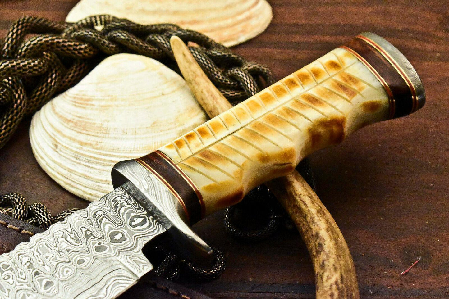 12" Damascus Hunter Bowie Knife | Camel Bone Masterpiece