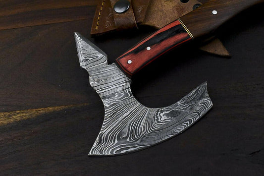 Handmade Damascus Axe Walnut Wood Hunting Clever Chopper Knife with Leather Sheath