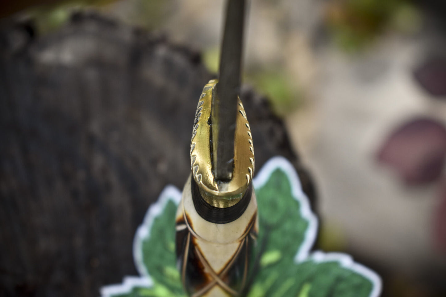 Rain Drop Damascus Steel Skinner Knife – Bone Handle with Brass Guard and Leather Sheath for Hunting