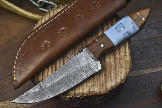 Custom Forged Twist Damascus Skinner Knife with Mixed Material Handle for EDC