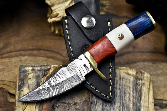 Twist Damascus Skinner Knife with Bone and Wood Handle Brass Guard – 6" Custom Hunting Knife
