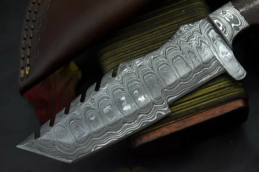 Custom Handmade Damascus Tracker Tanto Hunting Knife | G-10 Micarta Handle & Leather Sheath